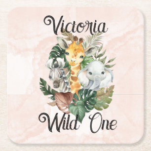 Wild One Safari Dieren Meisjes Eerste Verjaardag Kartonnen Onderzetters