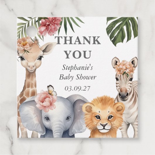 Wild One Safari Dieren Schattige Baby Meisje Douch Bedankjes Labels (Voorkant)