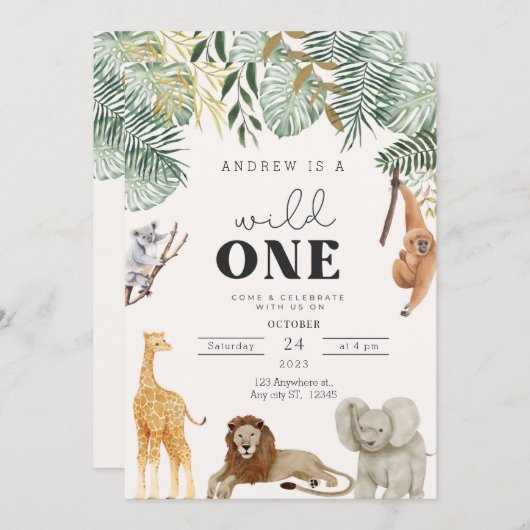 Wild One Safari Dieren Uitnodiging Kaart (Voorkant / Achterkant)