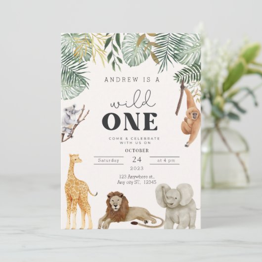 Wild One Safari Dieren Uitnodiging Kaart (Staand voorkant)