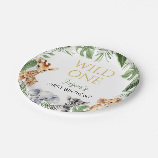 Wild One Safari Dieren Verjaardag Baby shower Papieren Bordje (Gekanteld)