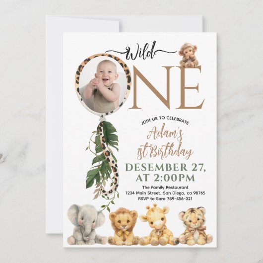 Wild One Safari Dierenballon 1e verjaardag Kaart (Voorkant)