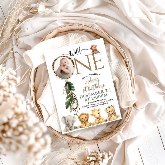 Wild One Safari Dierenballon 1e verjaardag Kaart