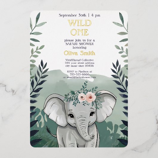 Wild One Safari Elephant Baby shower Uitnodiging (Voorkant)