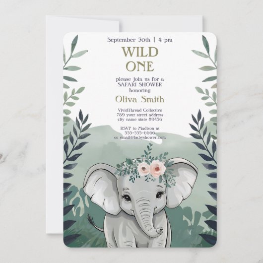 Wild One Safari Elephant Baby shower Uitnodiging (Voorkant)
