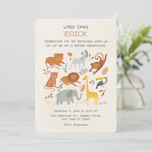 Wild One Safari First Birthday Invitation for Boys Kaart (Staand voorkant)