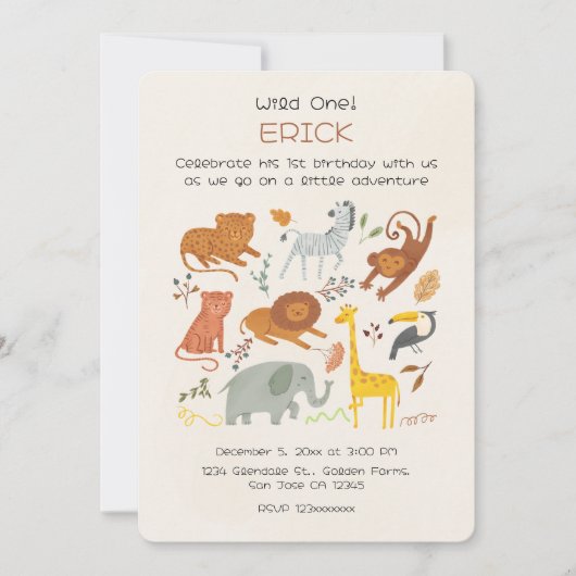 Wild One Safari First Birthday Invitation for Boys Kaart (Voorkant)