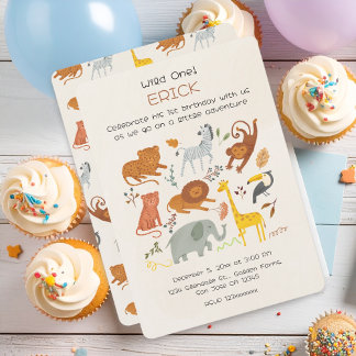 Wild One Safari First Birthday Invitation for Boys Kaart