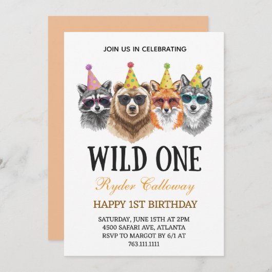 Wild One Safari First Birthday – Jungle Animal  Kaart (Voorkant / Achterkant)