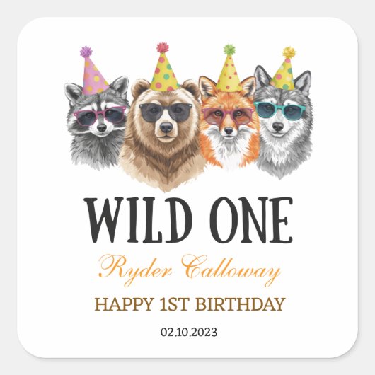 Wild One Safari First Birthday – Jungle Animal Vierkante Sticker (Voorkant)