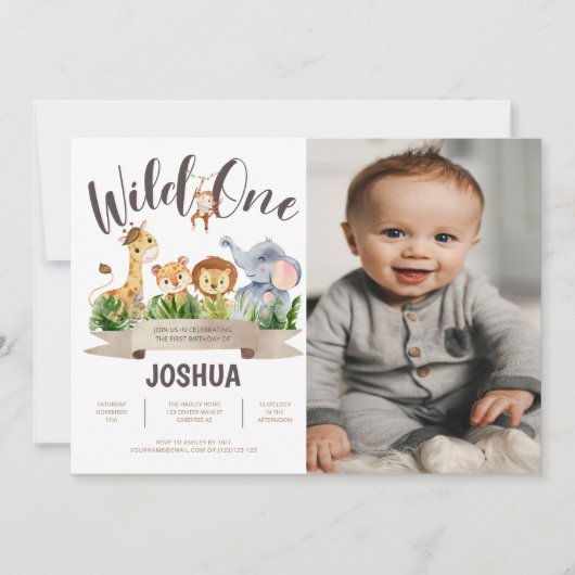 Wild One Safari Foto Birthday Invitation Kaart (Voorkant)