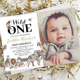 Wild One Safari Foto First Birthday Invitation Kaart