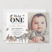 Wild One Safari Foto First Birthday Invitation Kaart (Voorkant)