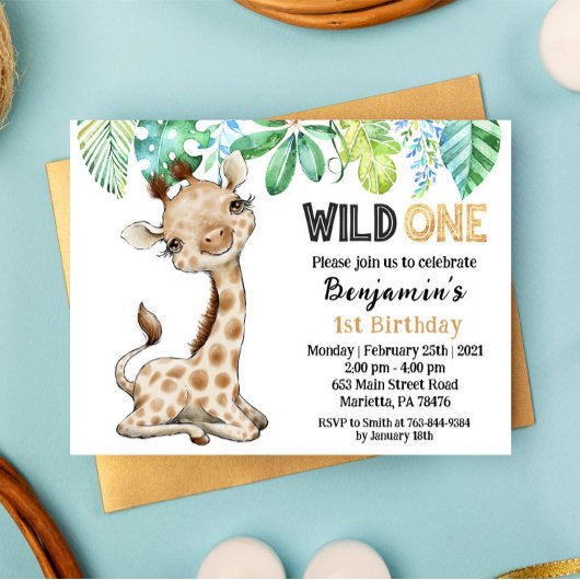 Wild One Safari Giraffe Birthday Uitnodiging