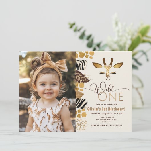 Wild One Safari giraffe moderne 1e verjaardag foto Kaart (Staand voorkant)