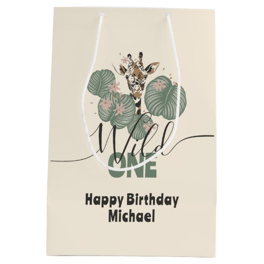  Wild One Safari Giraffe Tropical Animal Birthday Medium Cadeauzakje (Achterkant)