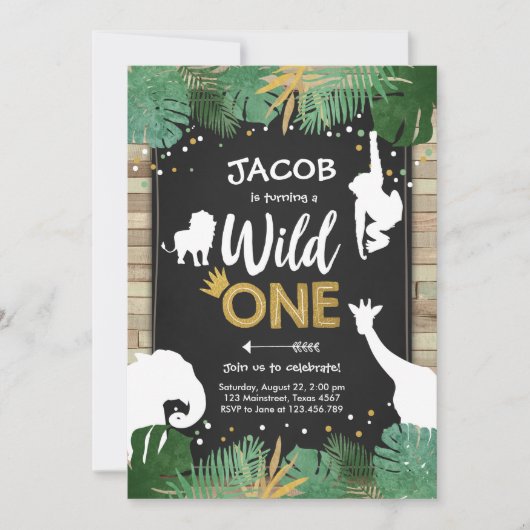 Wild One Safari Gold Boy Animals Birthday Party Kaart (Voorkant)