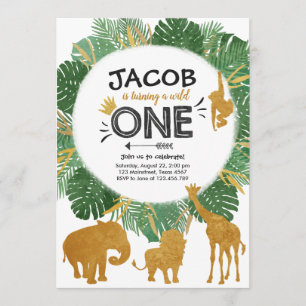Wild One Safari Gold Boy Animals Birthday Party Kaart