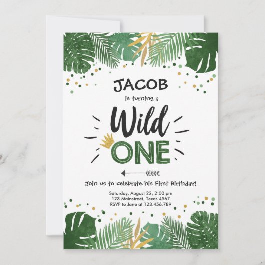 Wild One Safari Gold Boy Animals Birthday Party Kaart (Voorkant)