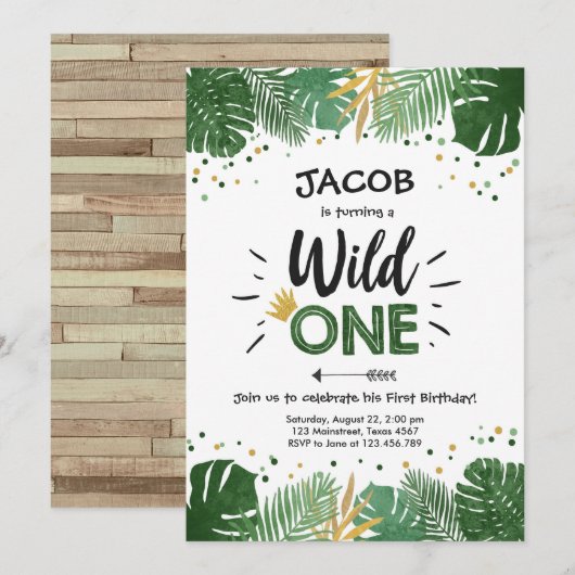 Wild One Safari Gold Boy Animals Birthday Party Kaart (Voorkant / Achterkant)