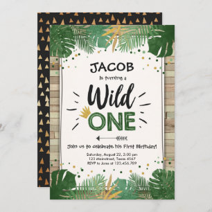 Wild One Safari Gold Boy Animals Birthday Party Kaart