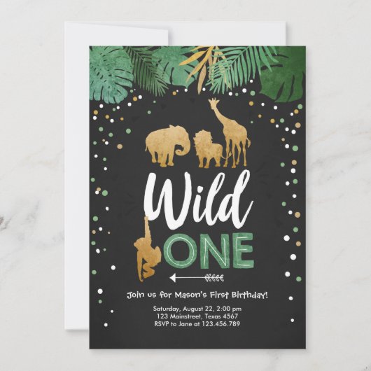 Wild One Safari Gold Boy Animals Birthday Party Kaart (Voorkant)