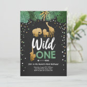 Wild One Safari Gold Boy Animals Birthday Party Kaart (Staand voorkant)