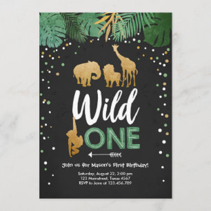 Wild One Safari Gold Boy Animals Birthday Party Kaart