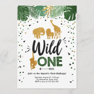 Wild One Safari Gold Boy Animals Birthday Party Kaart