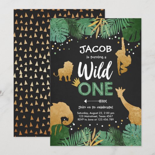 Wild One Safari Gold Boy Animals Birthday Party Kaart (Voorkant / Achterkant)