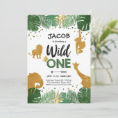 Wild One Safari Gold Boy Animals Birthday Party Kaart (Staand voorkant)