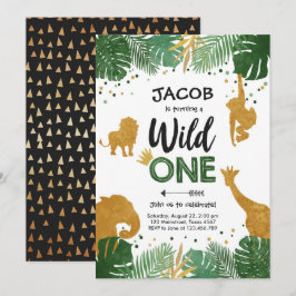 Wild One Safari Gold Boy Animals Birthday Party Kaart