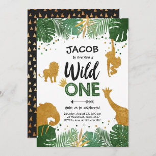 Wild One Safari Gold Boy Animals Birthday Party Kaart