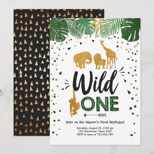 Wild One Safari Gold Boy Animals Verjaardagsfeestj Kaart (Voorkant / Achterkant)