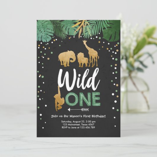 Wild One Safari Gold Boy Animals Verjaardagsfeestj Kaart (Staand voorkant)