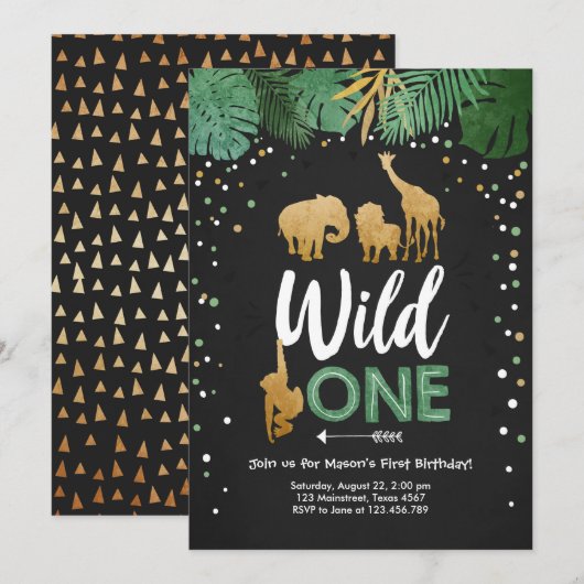 Wild One Safari Gold Boy Animals Verjaardagsfeestj Kaart (Voorkant / Achterkant)
