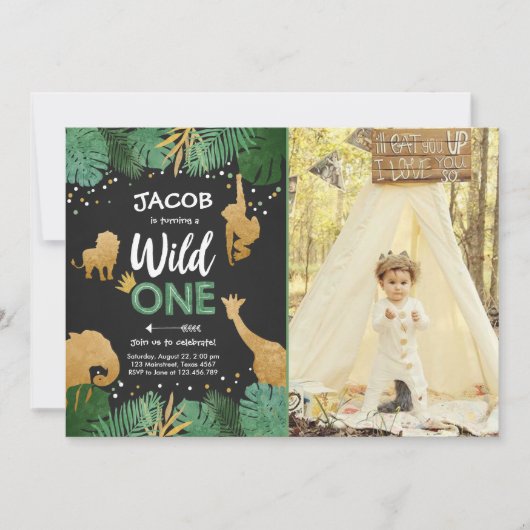 Wild One Safari Gold Boy Animals Verjaardagsfeestj Kaart (Voorkant)