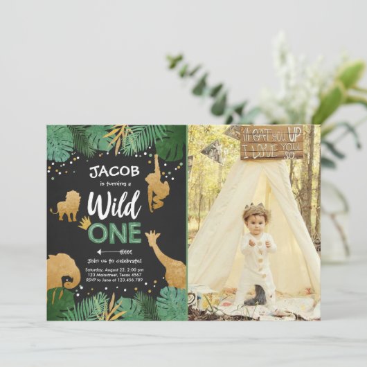Wild One Safari Gold Boy Animals Verjaardagsfeestj Kaart (Staand voorkant)