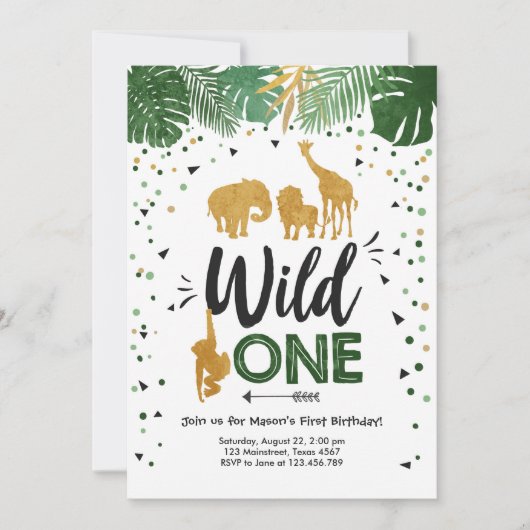 Wild One Safari Gold Boy Animals Verjaardagsfeestj Kaart (Voorkant)