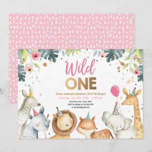 Wild One Safari Gold Girl Animals Birthday Party Kaart