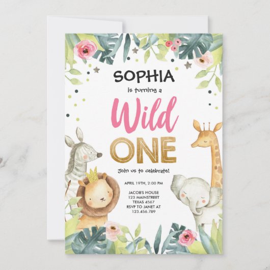 Wild One Safari Gold Girl Pink Animals Kaart (Voorkant)