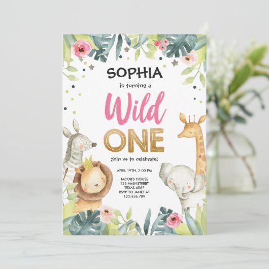 Wild One Safari Gold Girl Pink Animals Kaart (Staand voorkant)