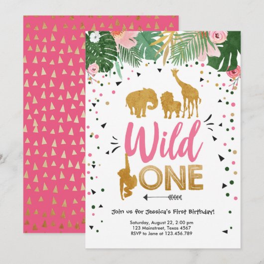 Wild One Safari Gold Girl Pink Animals Kaart (Voorkant / Achterkant)
