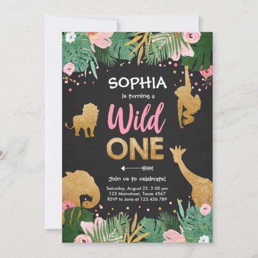 Wild One Safari Gold Girl Pink Animals Kaart (Voorkant)