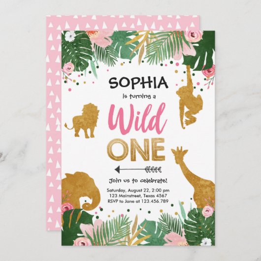 Wild One Safari Gold Girl Pink Animals Kaart (Voorkant / Achterkant)