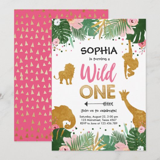Wild One Safari Gold Girl Pink Animals Kaart (Voorkant / Achterkant)