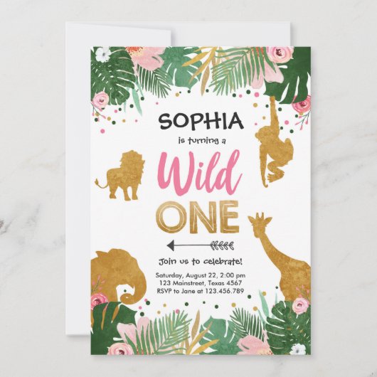 Wild One Safari Gold Girl Pink Animals Kaart (Voorkant)