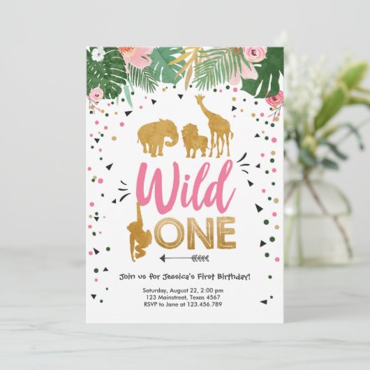 Wild One Safari Gold Girl Pink Animals Kaart (Staand voorkant)