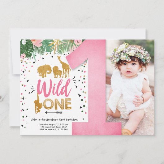 Wild One Safari Gold Girl Pink Animals Kaart (Voorkant)