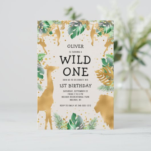 Wild One Safari Green Gold Ecru 1e verjaardag Kaart (Staand voorkant)